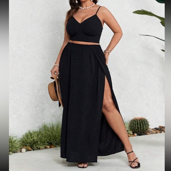 Boho blue tie dye crop top and slit thigh maxi skirt set - Picture 3 of 14